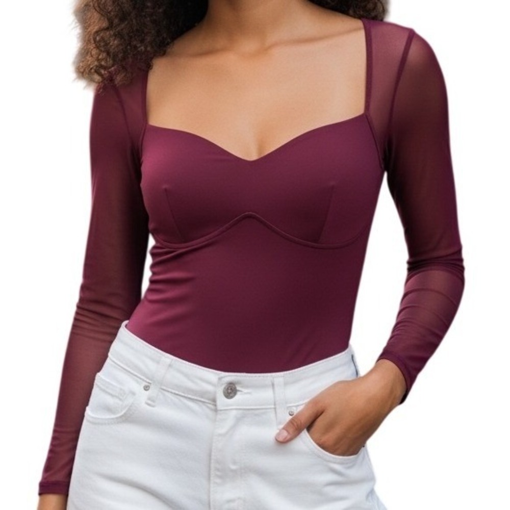 FEELINGIRL‎ Burgundy Sheer Mesh Long Sleeve Sweetheart Neck Bodysuit NWT Medium
